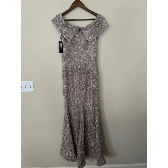 Xscape Womens Sz 4 Taupe Off the Shoulder Embroidered Lace Long Gown Dress - Picture 7 of 14